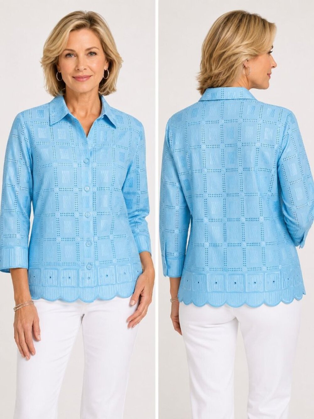 Drapers & Damons Womens Eyelet Embroidered Blouse W/Scalloped Hem Aqua P.Xlarge